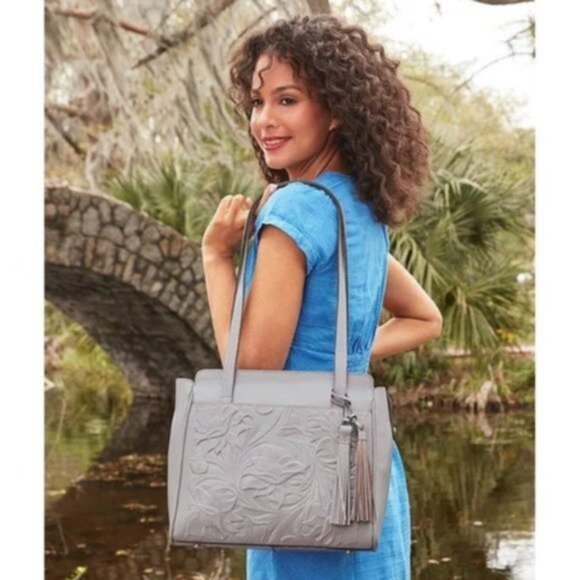 Patricia Nash Leather Rosedale Tote Shoulder Handbag Cavo Tooling Grey - Picture 1 of 14